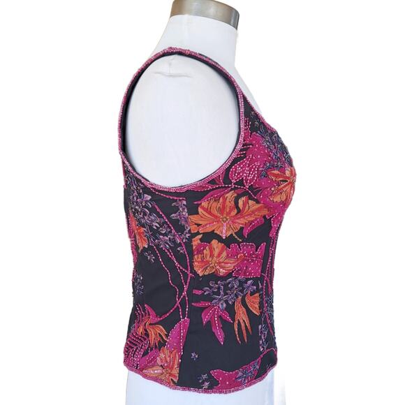 ANDRETTA DONATELLO Silk Beaded Tropical Floral Sleeveless Top Small Black Pink - Picture 3 of 9